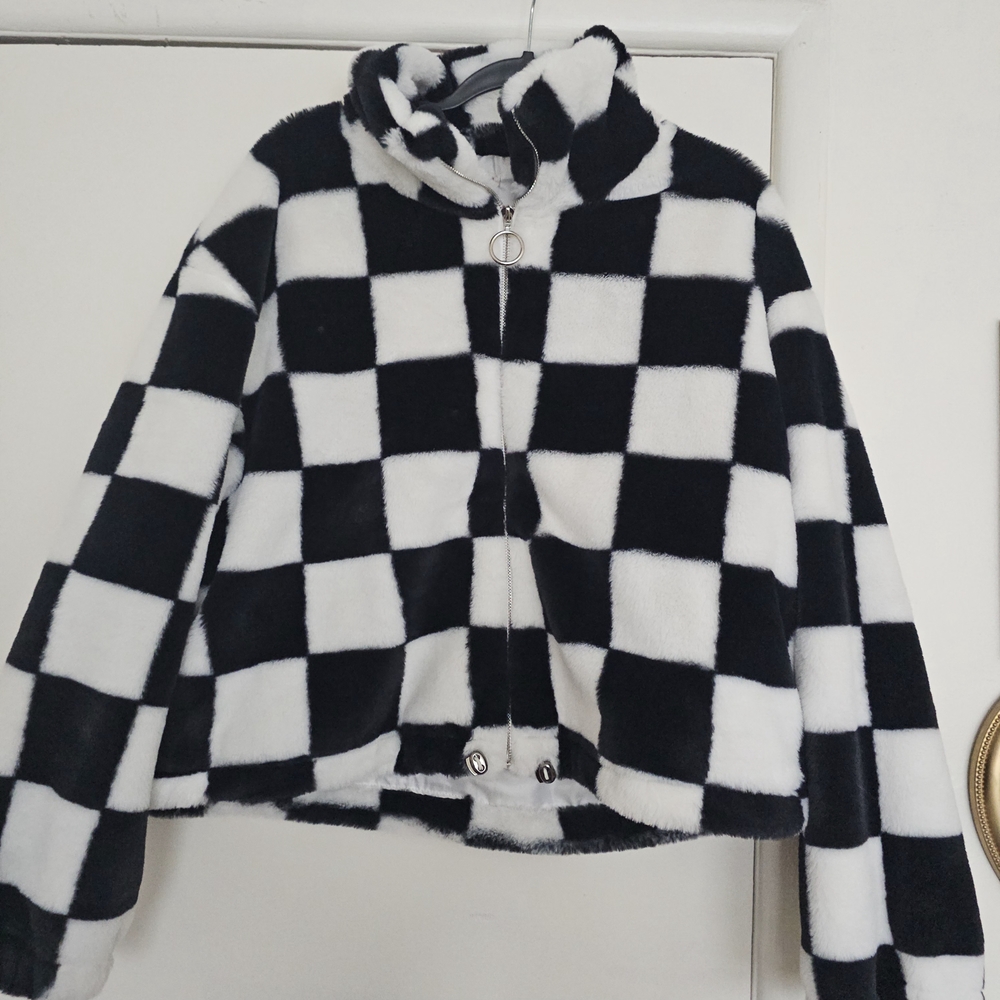 checkered black and white fuzzy jacket